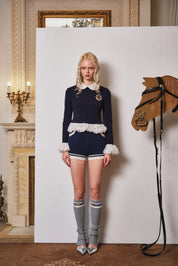 Navy and White Bubble-Hem Top with Equestrian Crest