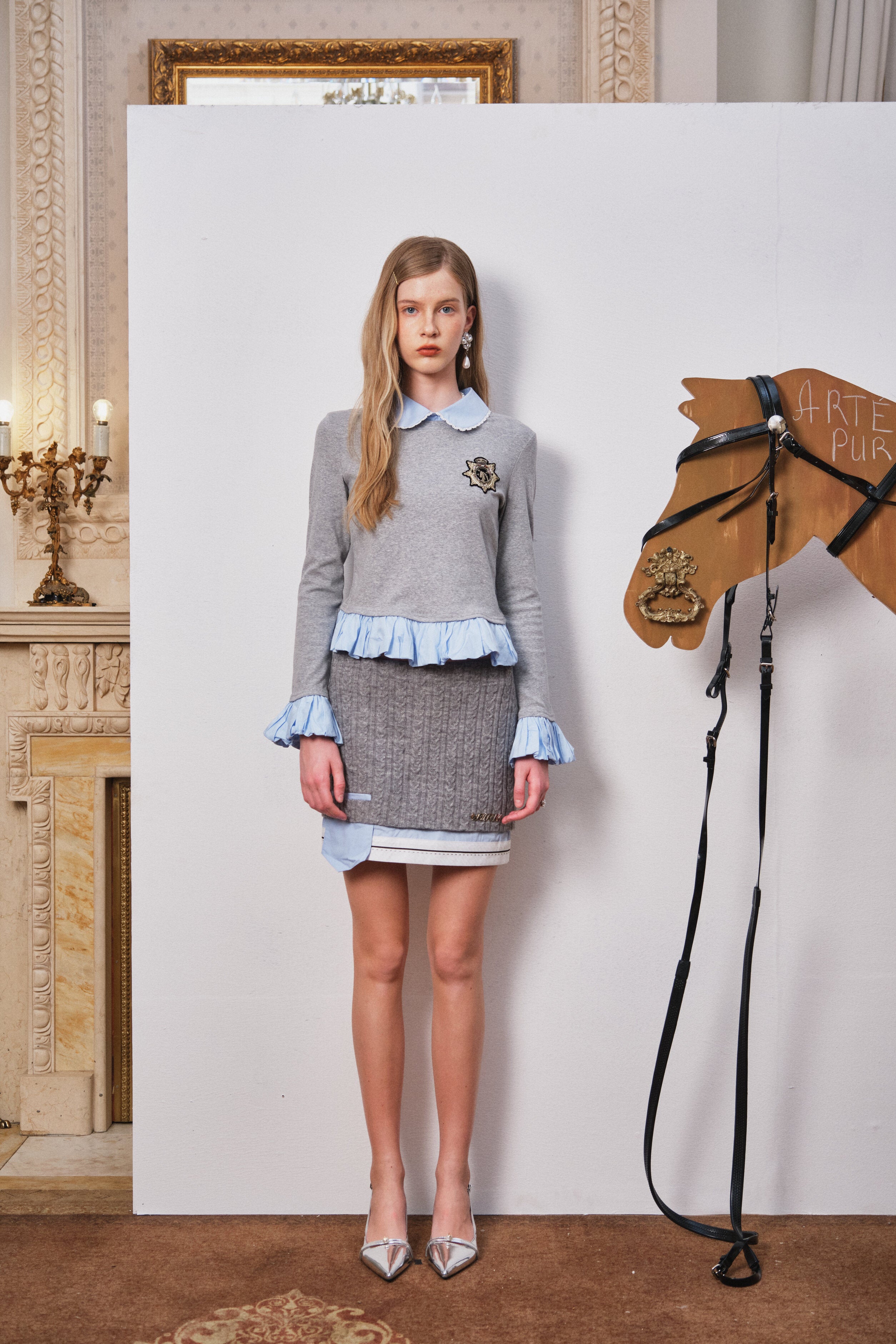 Gray and Blue Bubble-Hem Top with Equestrian Crest