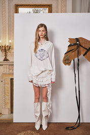 White Printed Lace Hoodie Fleece Long T-Shirt