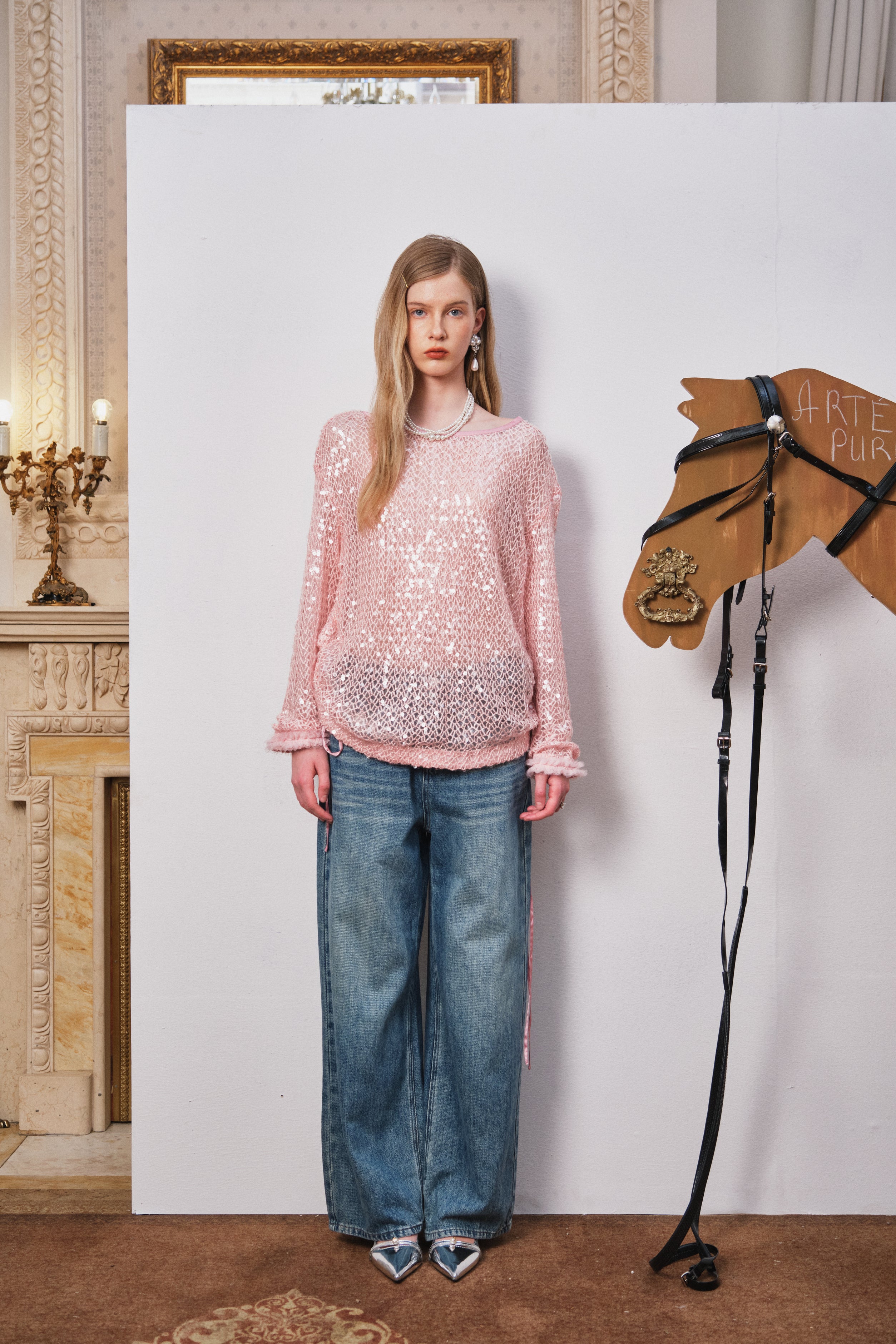 Blue Asymmetrical Lace Wide-Leg Denim Pants