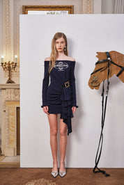 Navy Asymmetric Off-Shoulder Printed Dress with Belted Waist