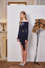 Navy Asymmetric Off-Shoulder Printed Dress with Belted Waist