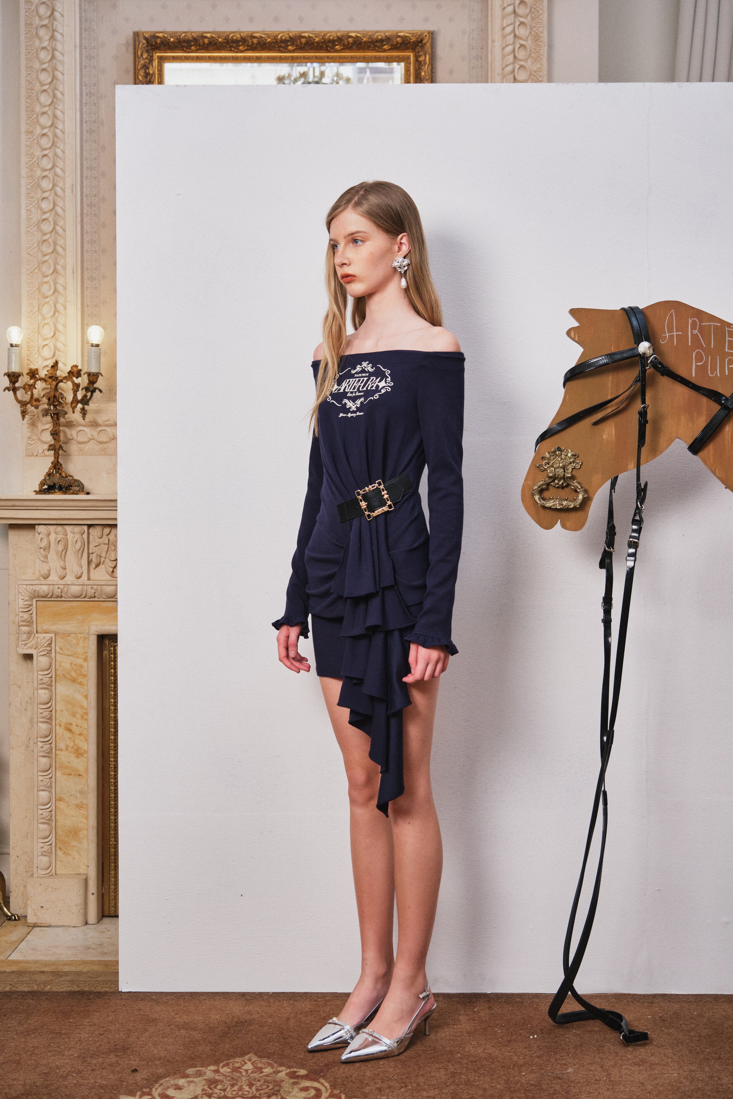 Navy Asymmetric Off-Shoulder Printed Dress with Belted Waist