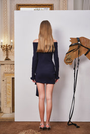 Navy Asymmetric Off-Shoulder Printed Dress with Belted Waist