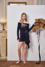 Navy Asymmetric Off-Shoulder Printed Dress with Belted Waist