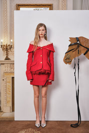 Red Lace-Trim Off-Shoulder Woven Jacket