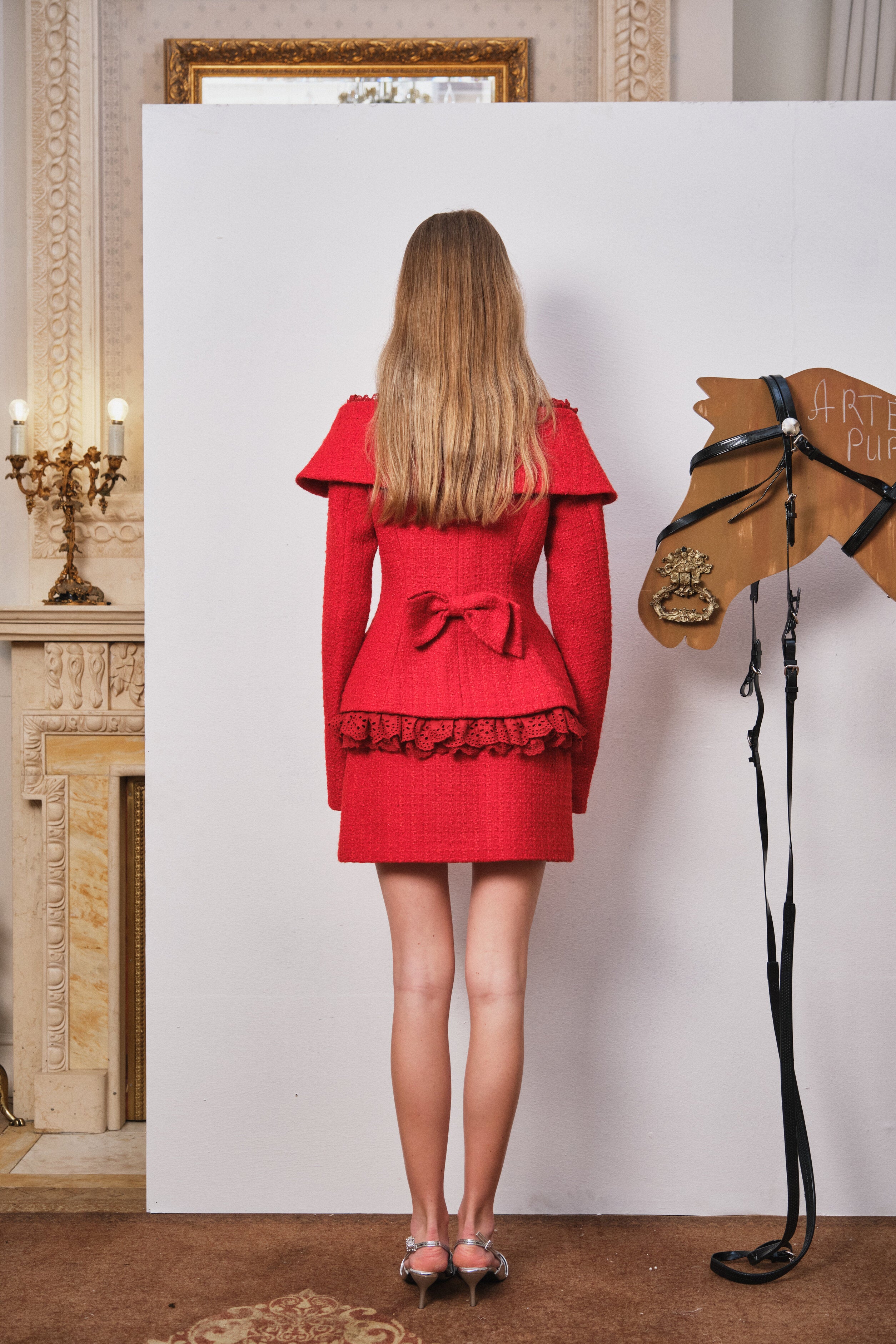 Red Lace-Trim Off-Shoulder Woven Jacket