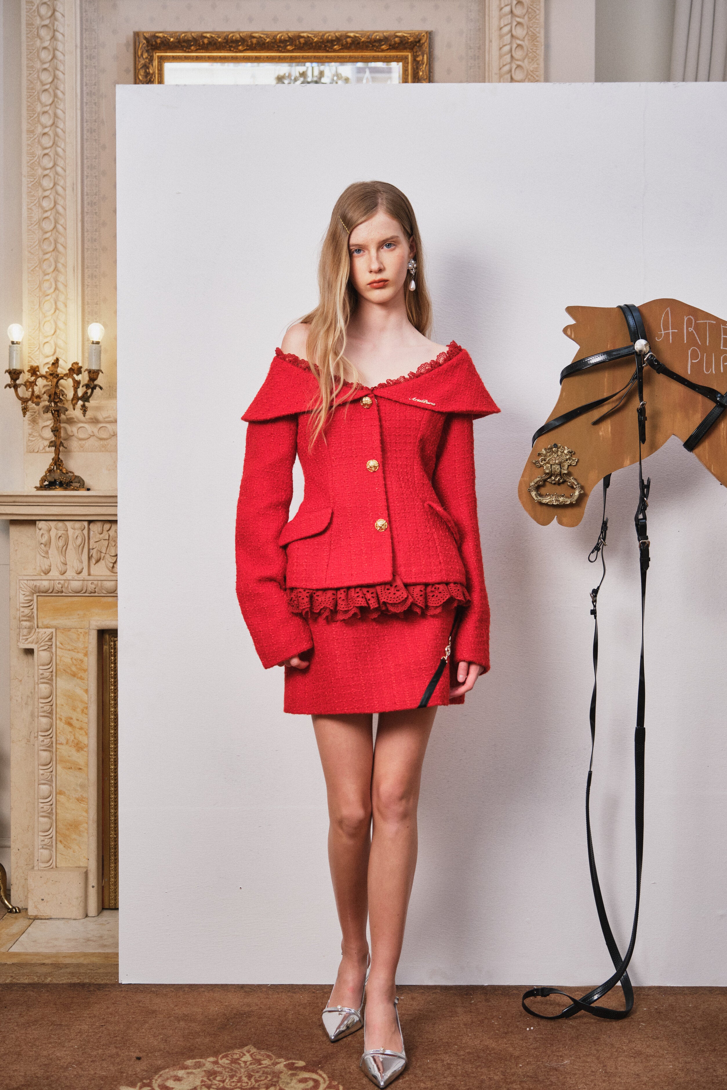 Red Lace-Trim Off-Shoulder Woven Jacket