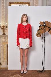 Red Wool Knit Cardigan with Bow Trim