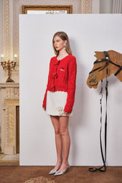 Red Wool Knit Cardigan with Bow Trim