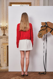 Red Wool Knit Cardigan with Bow Trim