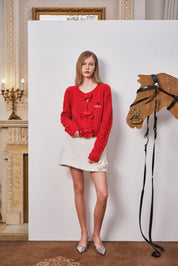 Red Wool Knit Cardigan with Bow Trim
