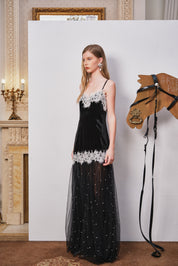 Black Velvet Beaded Mesh Lace Dress
