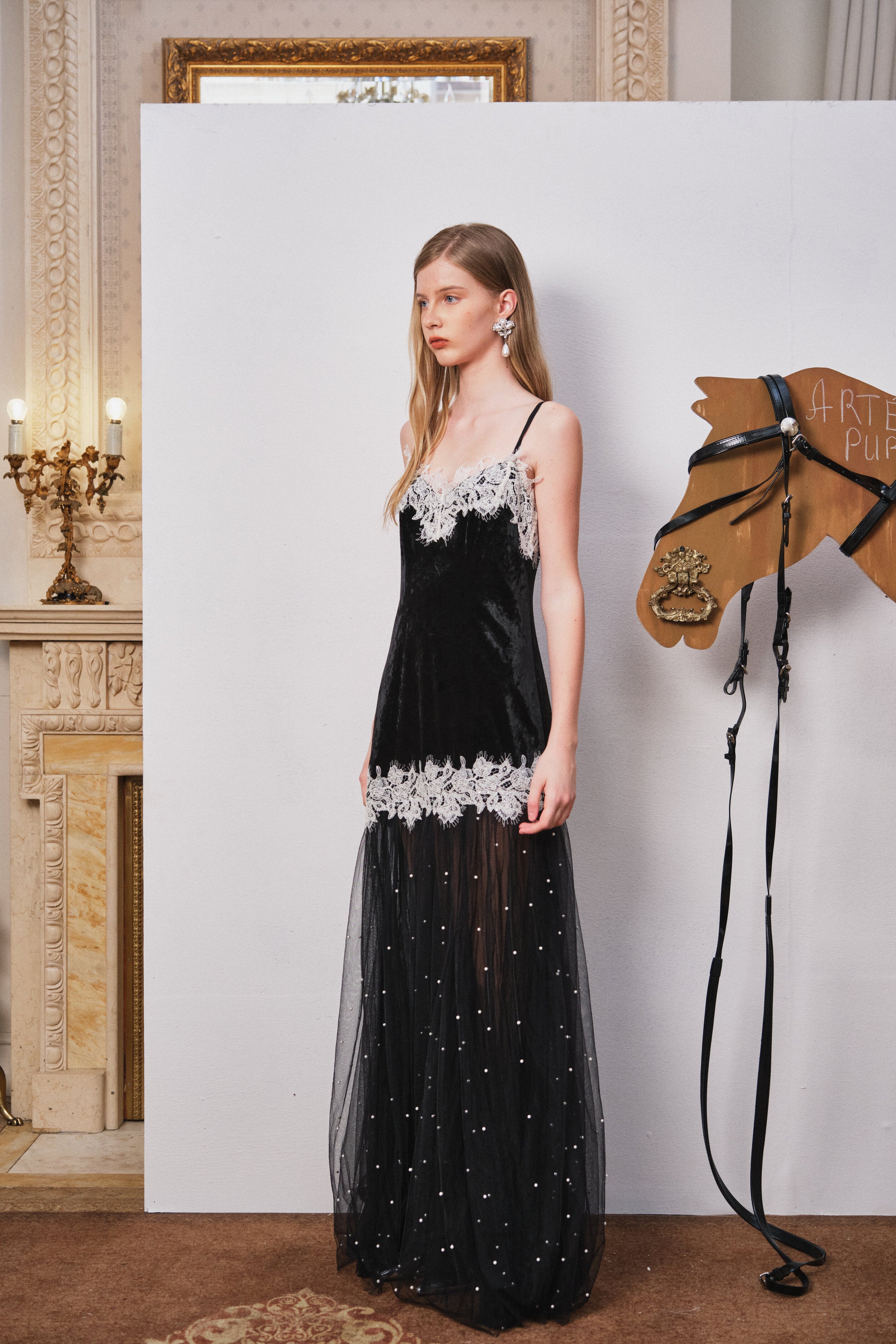 Black Velvet Beaded Mesh Lace Dress