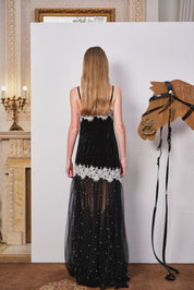 Black Velvet Beaded Mesh Lace Dress