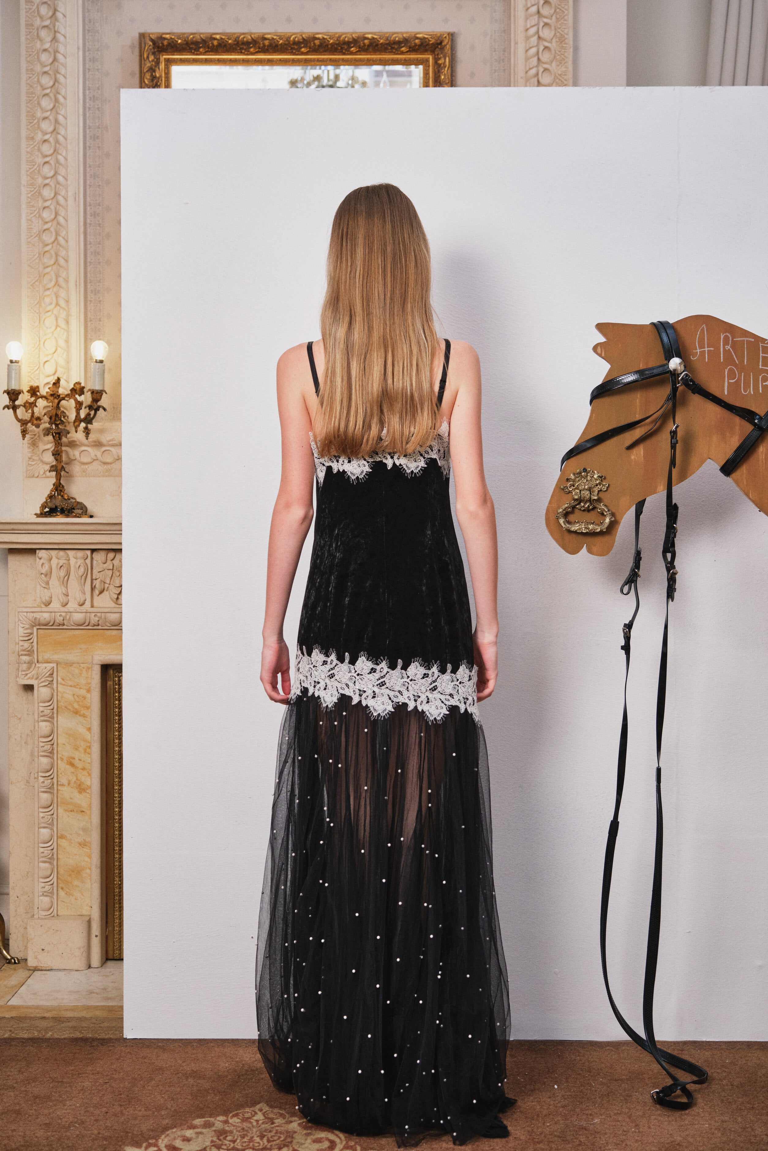 Black Velvet Beaded Mesh Lace Dress