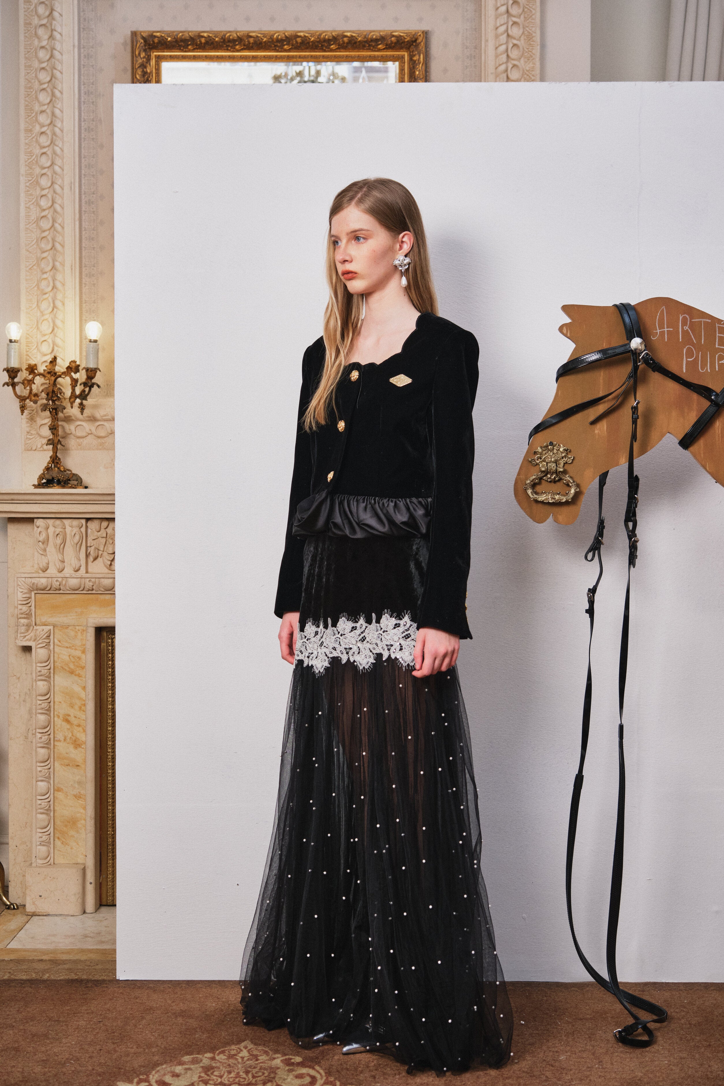 Black Velvet Beaded Mesh Lace Dress