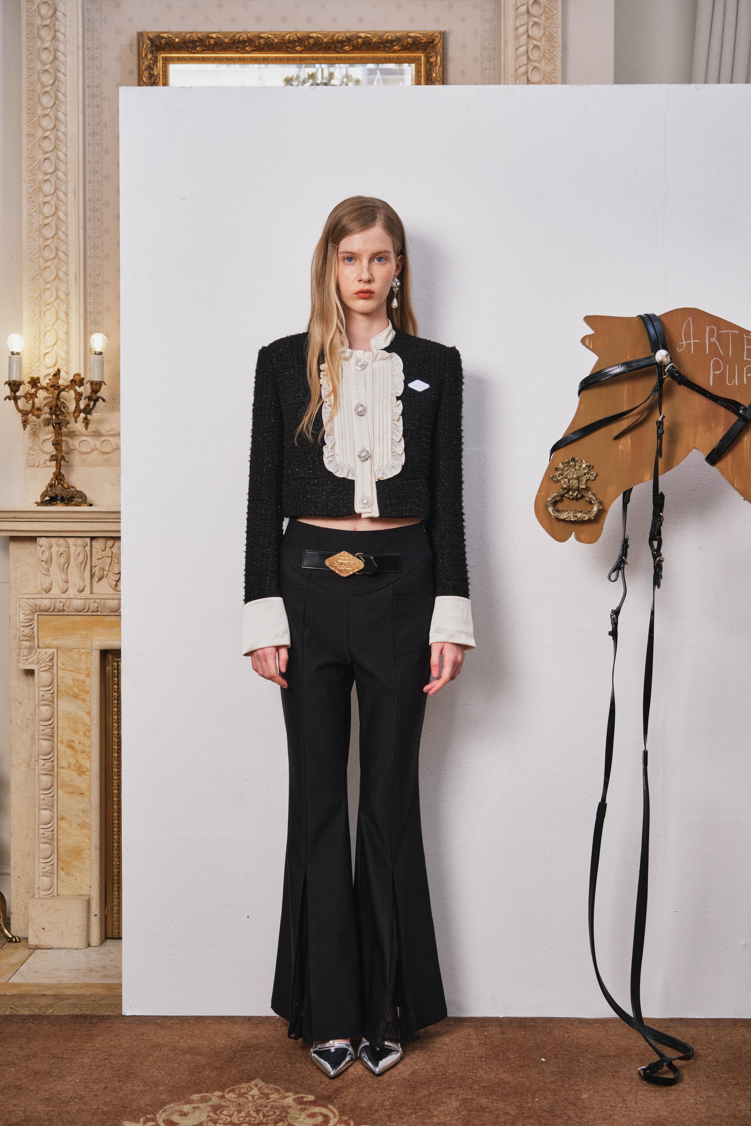 Black Lace Split Flared Pants with Belt Detail