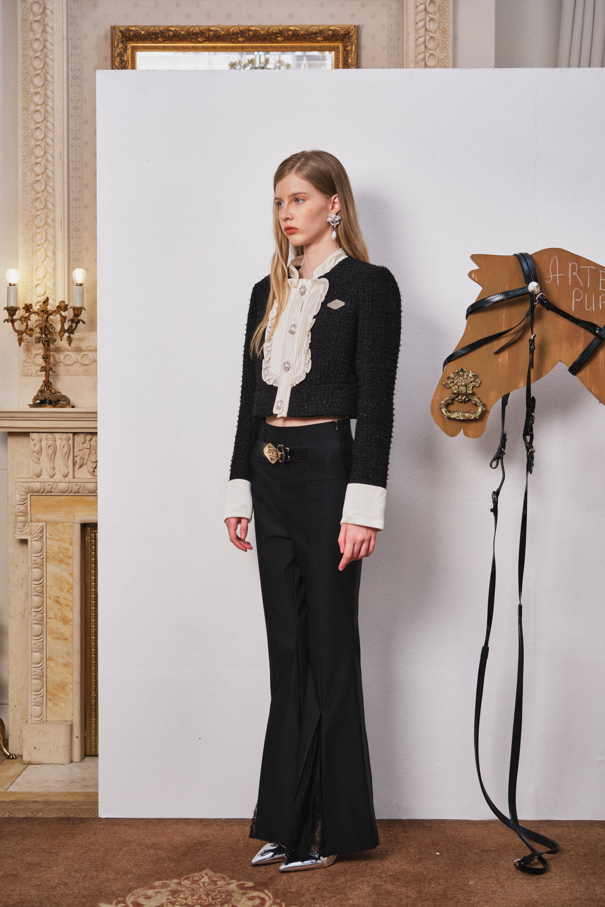 Black Lace Split Flared Pants with Belt Detail