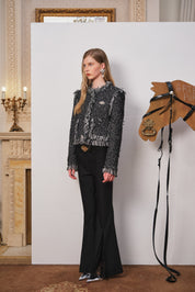 Black Fringe Raw-Edge Sequin Jacket