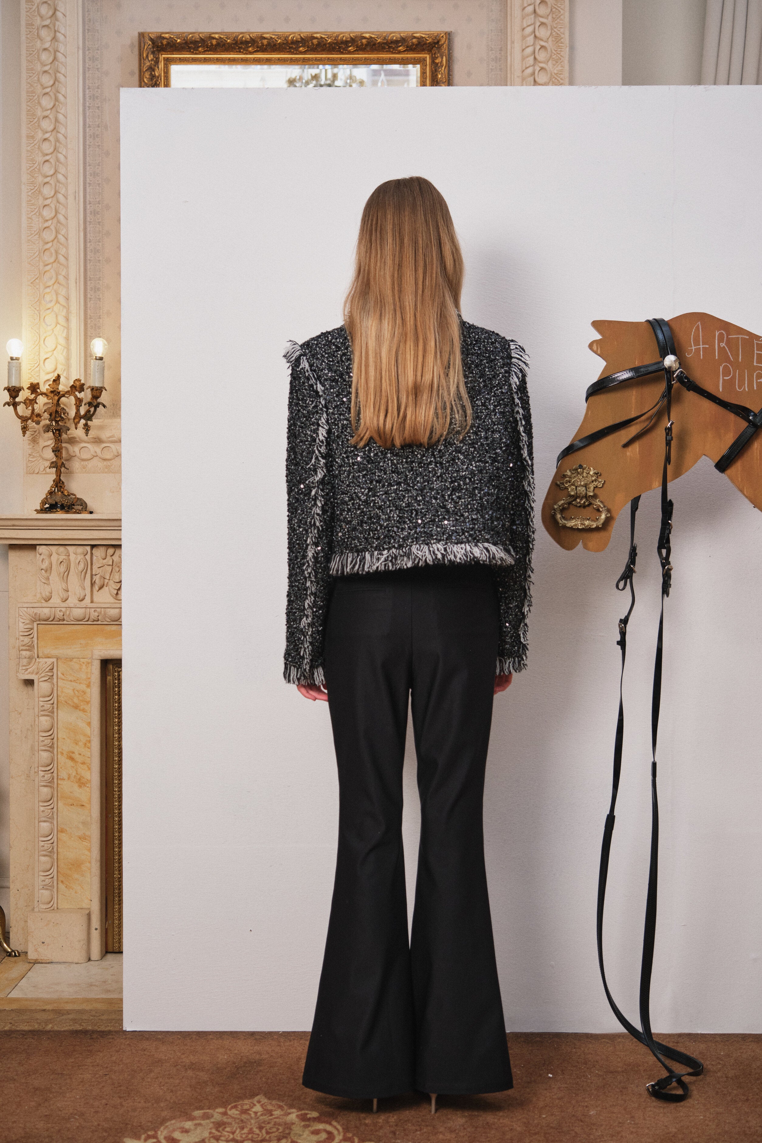 Black Fringe Raw-Edge Sequin Jacket