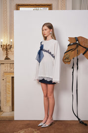 White Mesh Bow Contrast Lace Long-Sleeve Tee