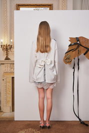 White Mesh Bow Contrast Lace Long-Sleeve Tee