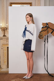 White Mesh Bow Contrast Lace Long-Sleeve Tee