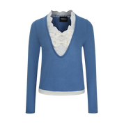 Blue Lace-Trim Knit Top with Contrasting Bow