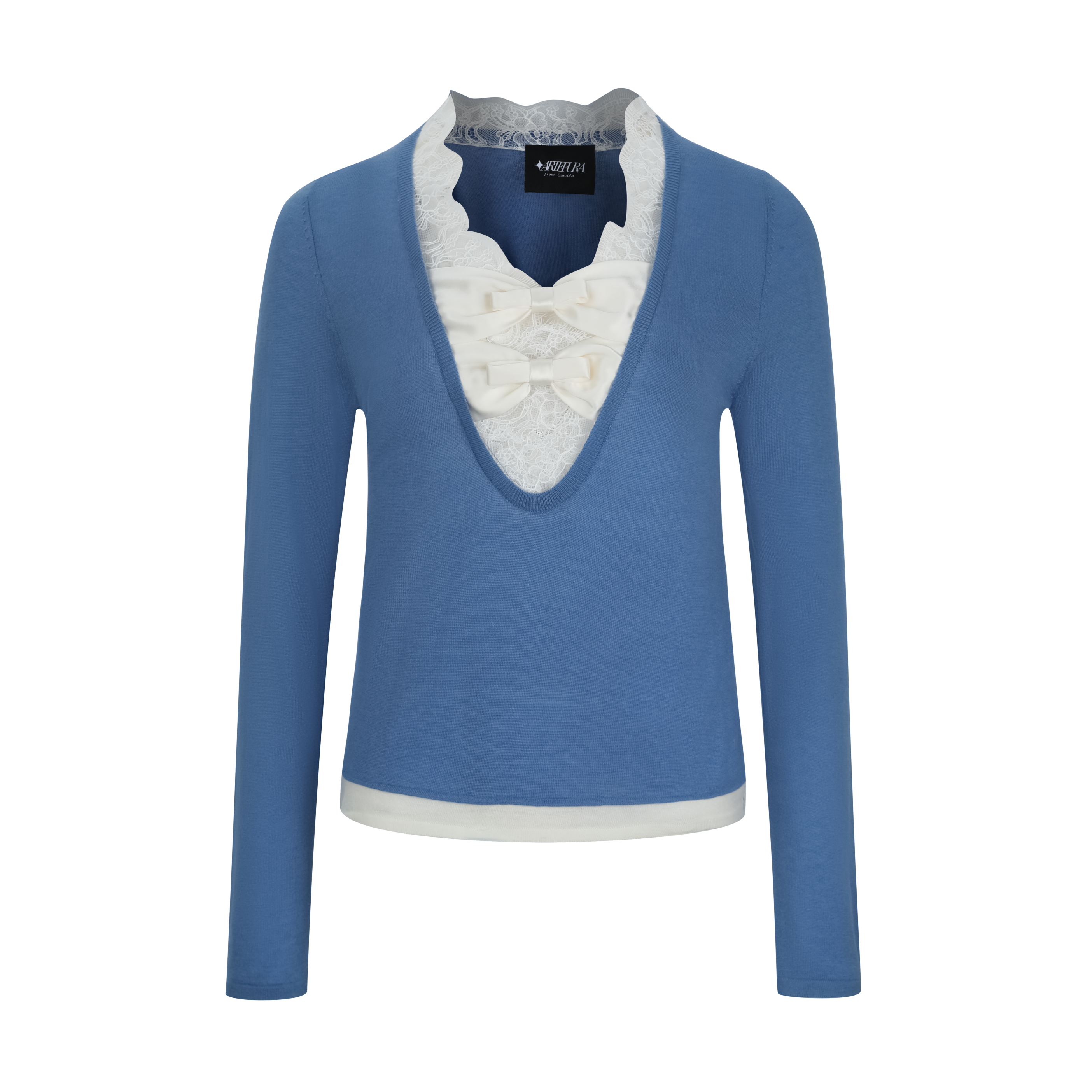 Blue Lace-Trim Knit Top with Contrasting Bow