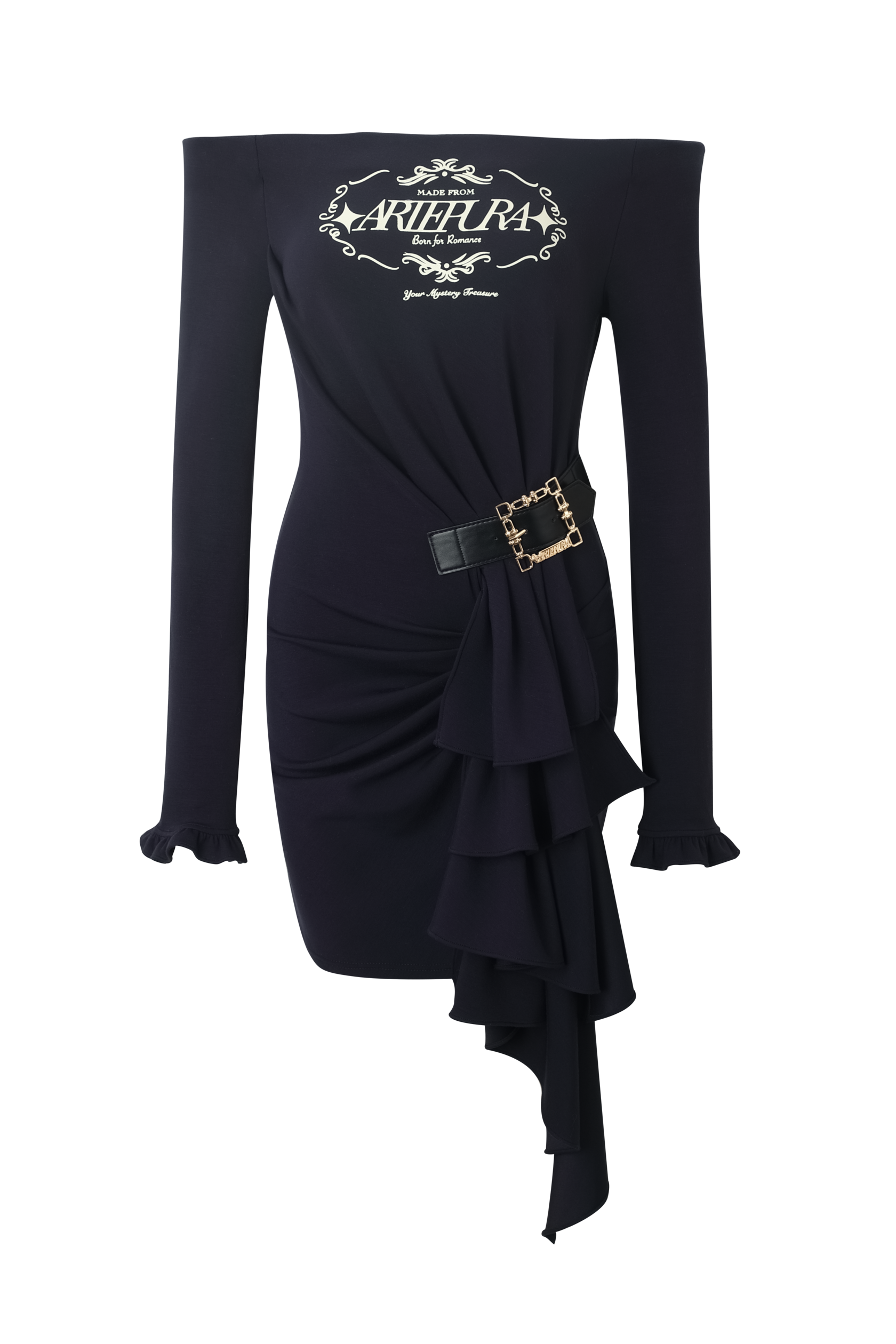 Navy Asymmetric Off-Shoulder Printed Dress with Belted Waist