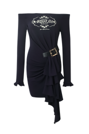 Navy Asymmetric Off-Shoulder Printed Dress with Belted Waist