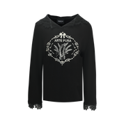 Black Printed Lace Hoodie Fleece Long T-Shirt