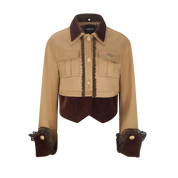 Light Coffee Short Jacket with Detachable Velvet Fur Collar