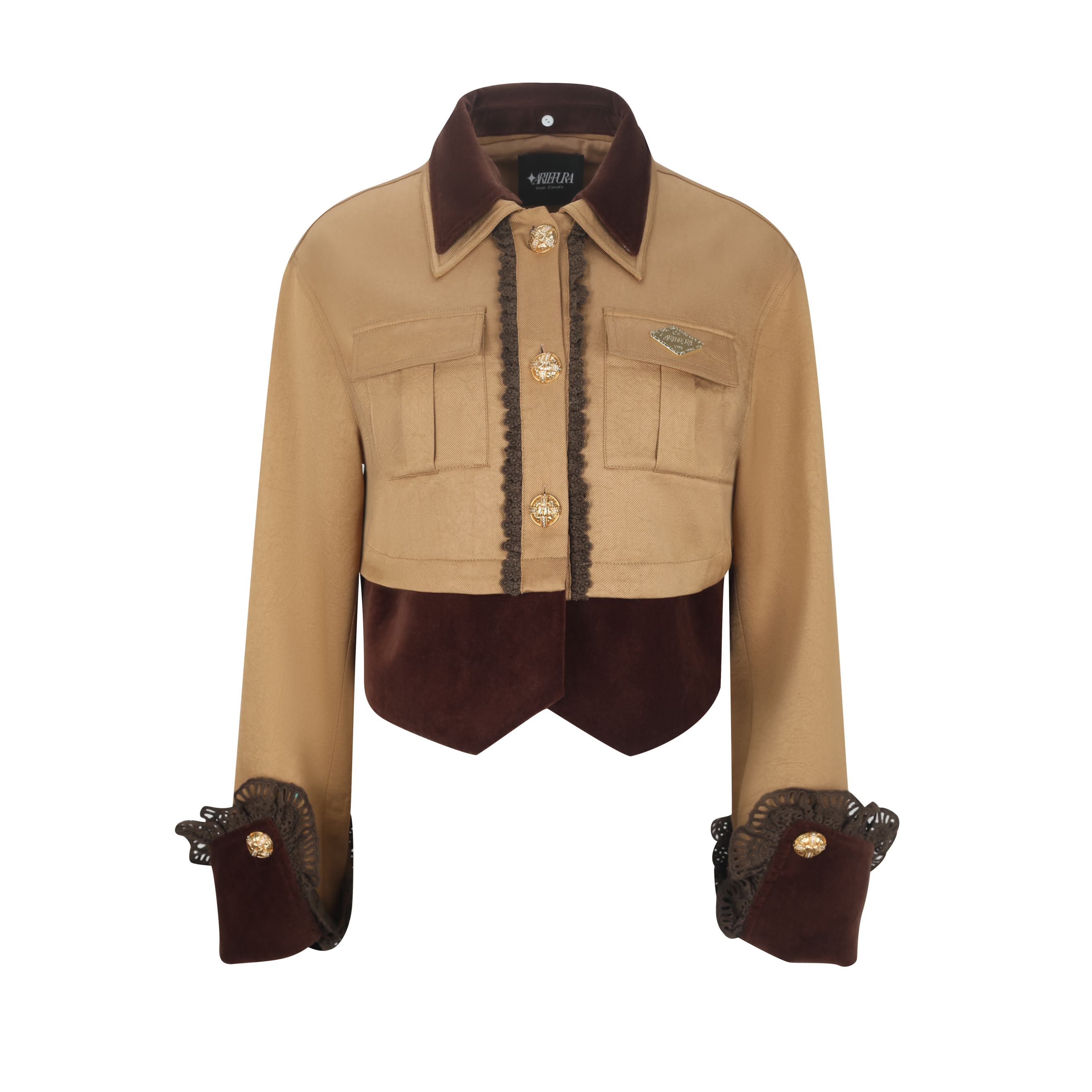 Light Coffee Short Jacket with Detachable Velvet Fur Collar