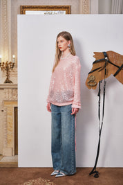 Blue Asymmetrical Lace Wide-Leg Denim Pants