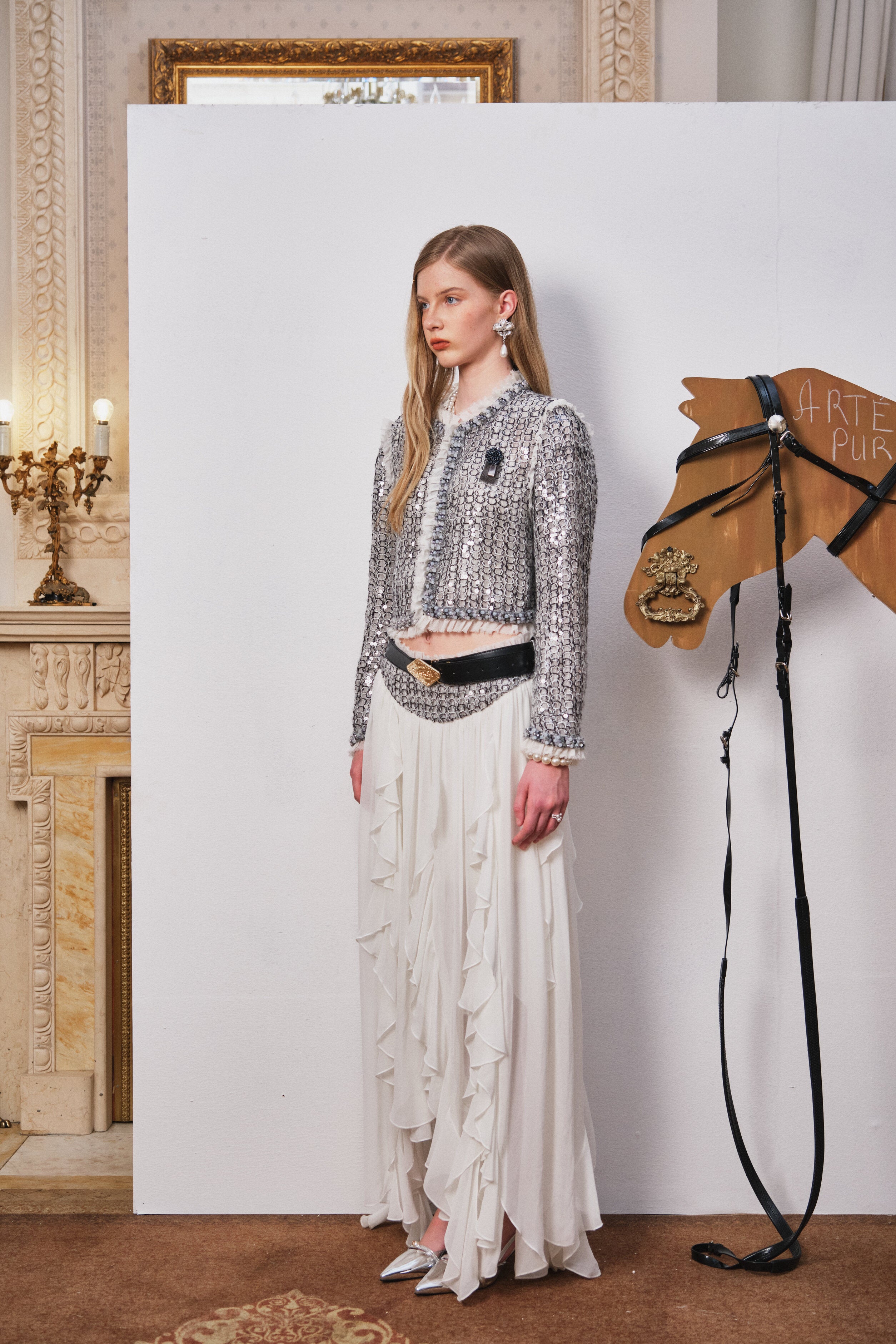 Gray Sequin Jacket with Tulle Trim