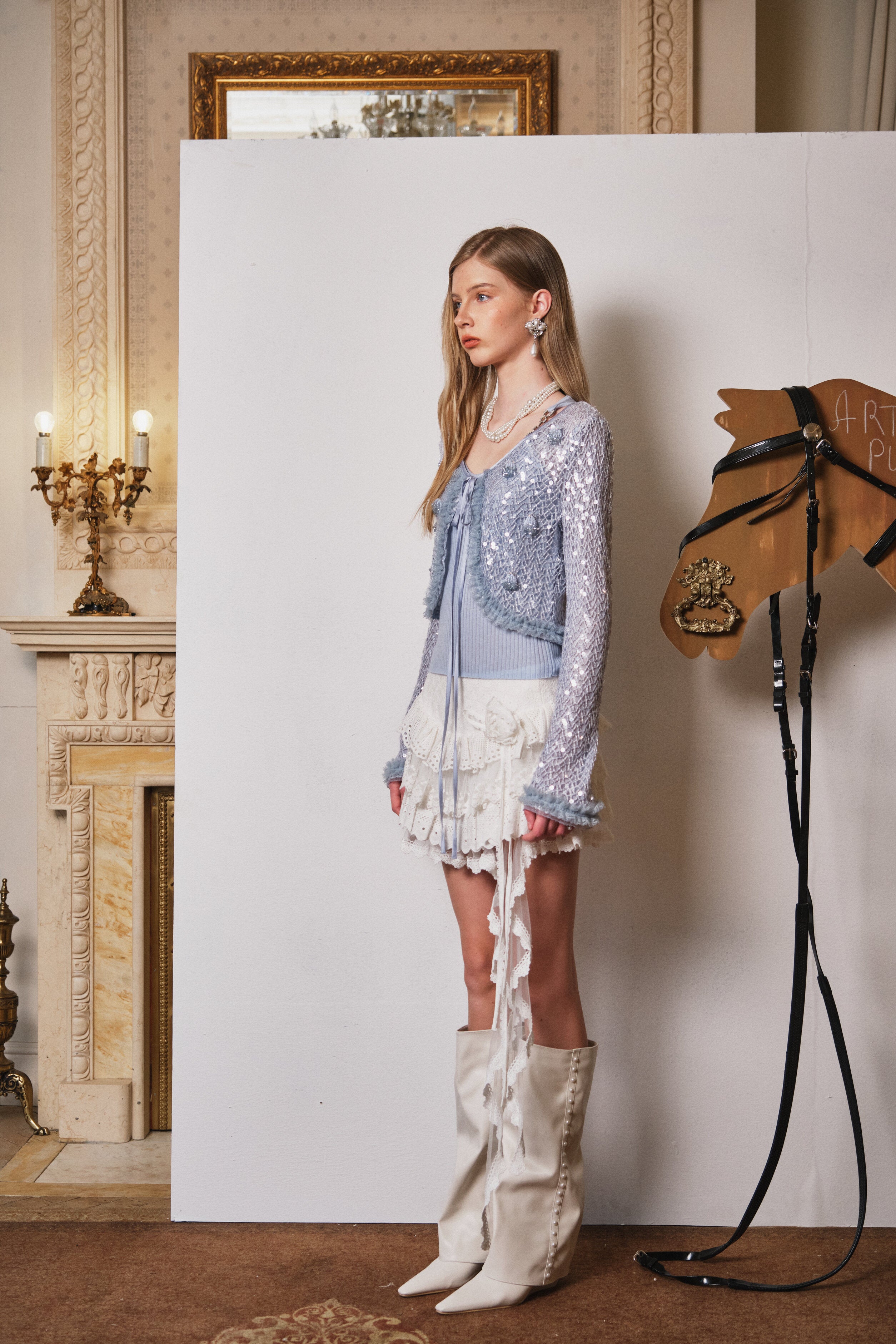 Light Blue Beaded Sequin Fishnet Top