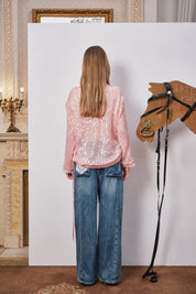 Blue Asymmetrical Lace Wide-Leg Denim Pants