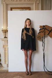 Black Mesh Bow Contrast Lace Long-Sleeve Tee