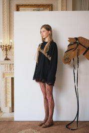 Black Mesh Bow Contrast Lace Long-Sleeve Tee