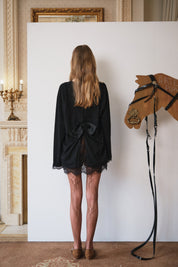 Black Mesh Bow Contrast Lace Long-Sleeve Tee