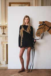 Black Mesh Bow Contrast Lace Long-Sleeve Tee