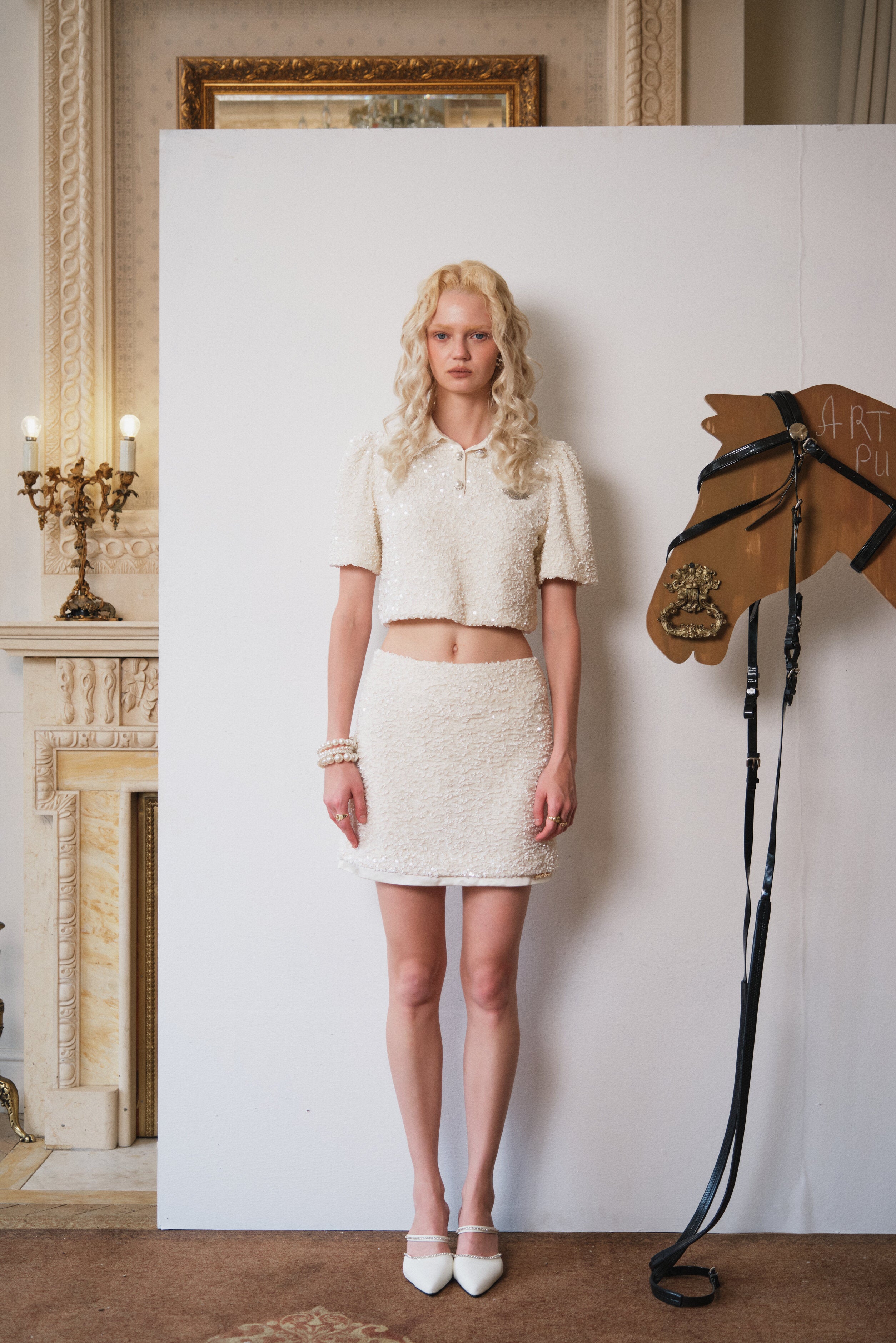 Ivory Sequin Polo Collar Cropped Top