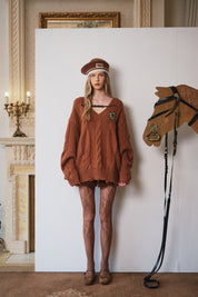 Brown Belted Cable-Knit Pullover