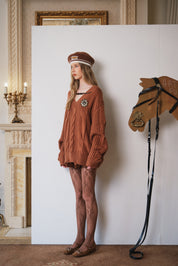 Brown Belted Cable-Knit Pullover