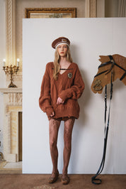 Brown Belted Cable-Knit Pullover