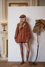 Brown Belted Cable-Knit Pullover