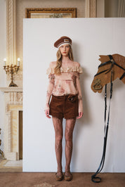 Coral Pink Wavy Lace Off-Shoulder Knit with Floral Print