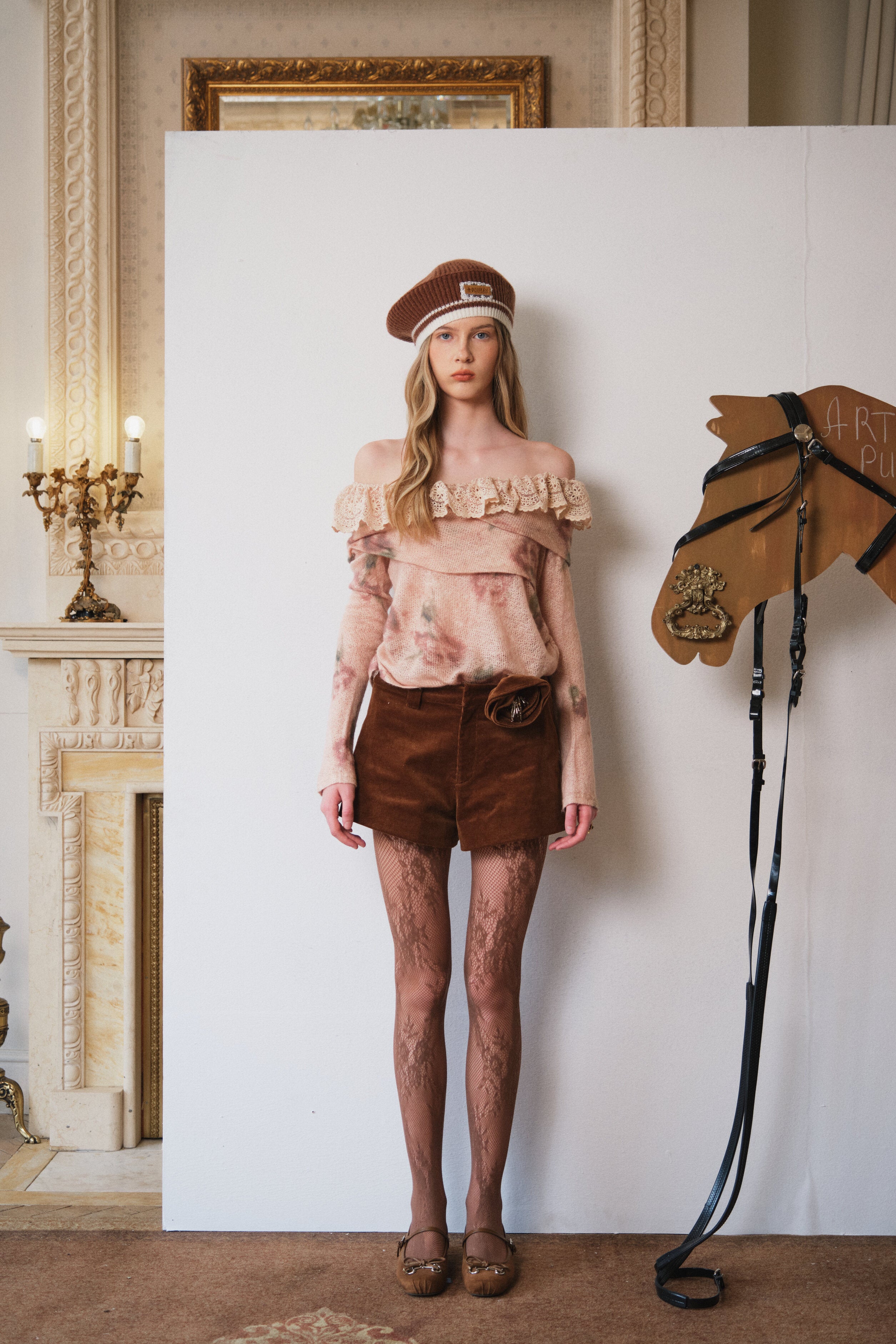 Coral Pink Wavy Lace Off-Shoulder Knit with Floral Print